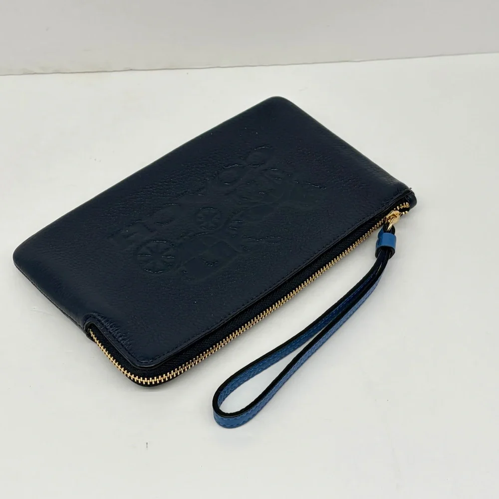Coach Large Corner Zip Wristlet Wallet With Horse And Carriage Navy